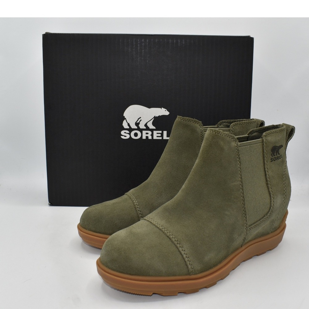 Sorel Women Size 7 Evie II Stone Green Suede Waterproof Chelsea Booties Boots
